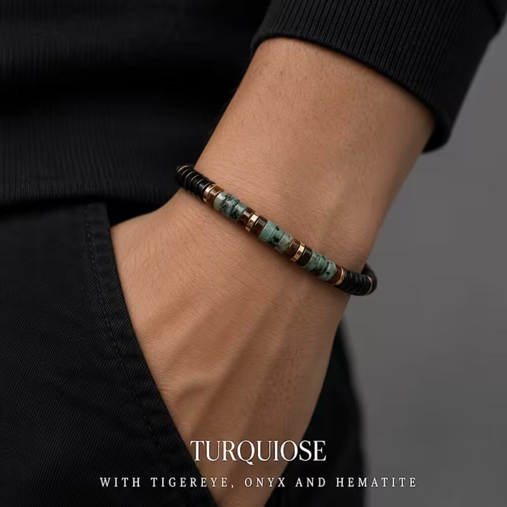 Mens Bracelet Turquoise Tiger Eye Onyx Hematite Beads Bohemian Stone Unisex New